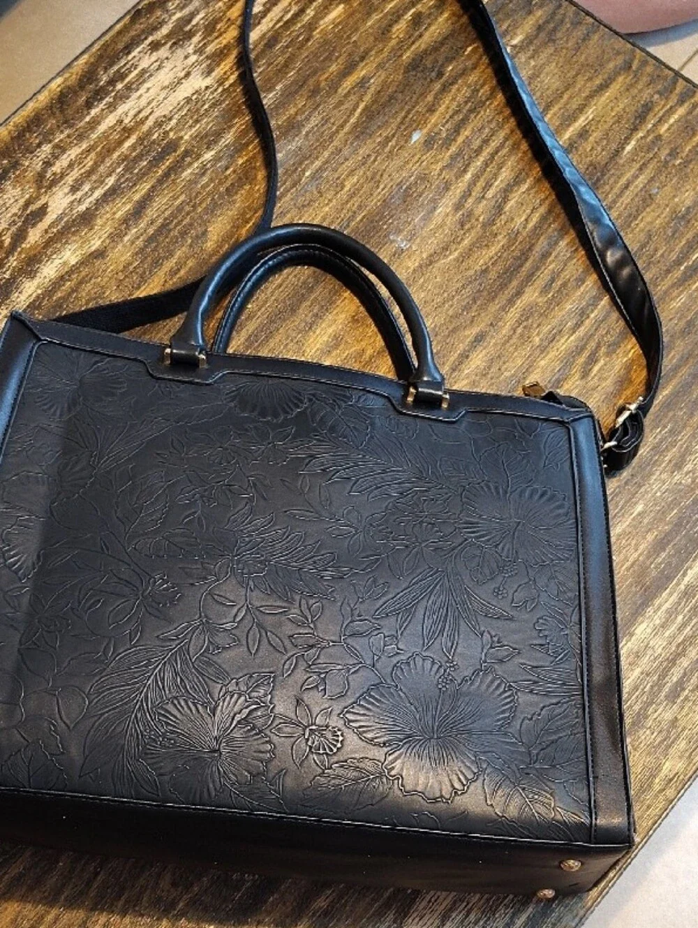 Nubily Vegan Leather Black Floral Embossed 15.6 Inch Laptop Tote